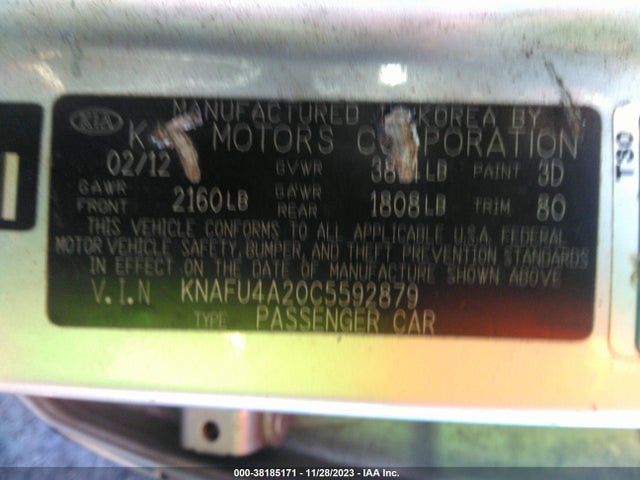 2012 KIA FORTE EX VIN: KNAFU4A20C5592879