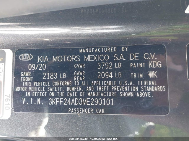 2021 KIA FORTE LXS VIN: 3KPF24AD3ME290101