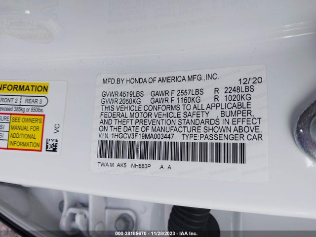 2021 HONDA ACCORD HYBRID VIN: 1HGCV3F19MA003447