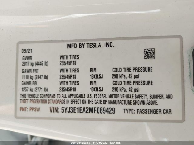 5YJ3E1EA2MF069429 Tesla Model 3 Standard Range Plus Rear-wheel Drive