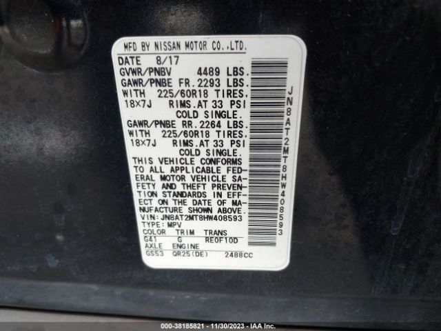 JN8AT2MT8HW408593 Nissan Rogue Sl