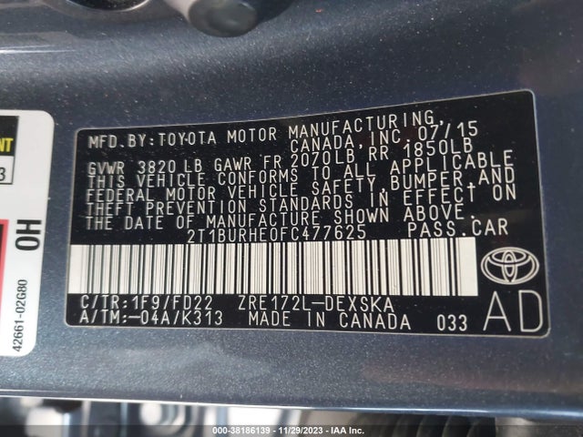 2015 TOYOTA COROLLA S PLUS VIN: 2T1BURHE0FC477625