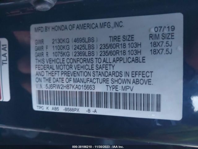 5J6RW2H87KA015663 Honda Cr-v Ex-l