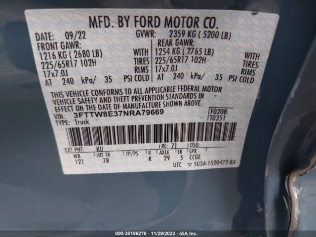 3FTTW8E37NRA79669 Ford Maverick Xlt