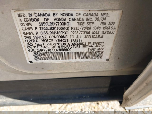 2004 HONDA PILOT EX-L VIN: 2HKYF187X4H616600