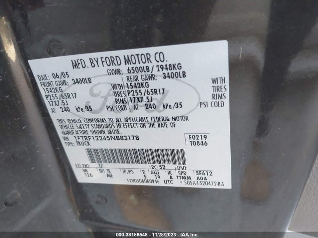 2005 FORD F-150 XLT/STX/XL VIN: 1FTRF12245NB83178