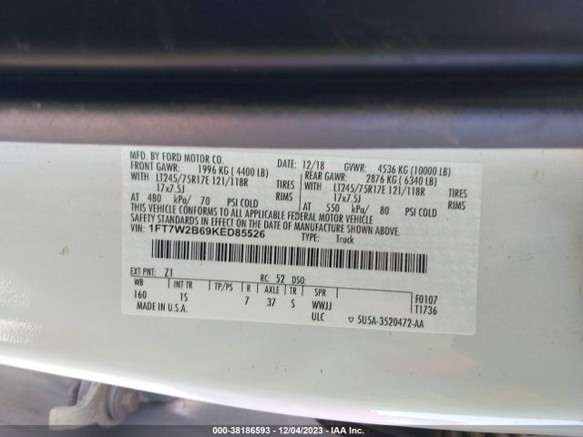 2019 FORD F-250 XL VIN: 1FT7W2B69KED85526