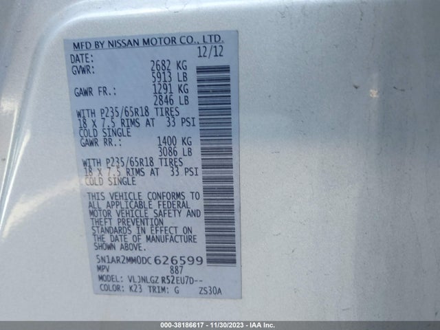 2013 NISSAN PATHFINDER SL VIN: 5N1AR2MM0DC626599