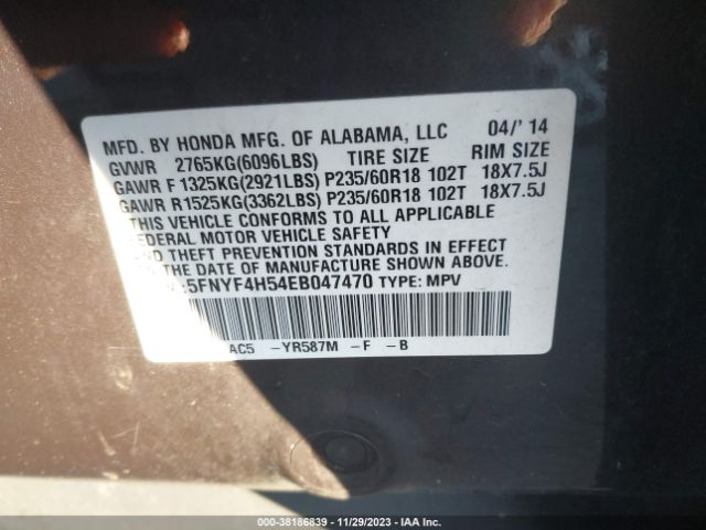 5FNYF4H54EB047470 Honda Pilot Ex-l