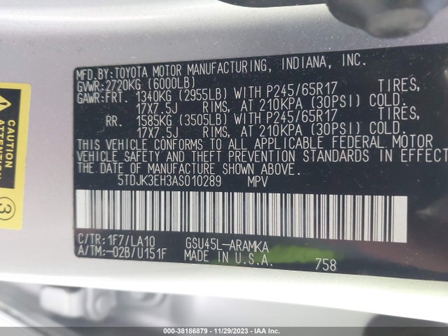 2010 TOYOTA HIGHLANDER SE V6 VIN: 5TDJK3EH3AS010289