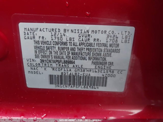 2015 NISSAN VERSA 1.6 SV VIN: 3N1CN7AP5FL889864