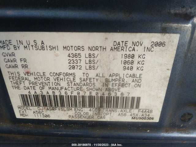 2007 MITSUBISHI GALANT SE/ES VIN: 4A3AB36F07E046367