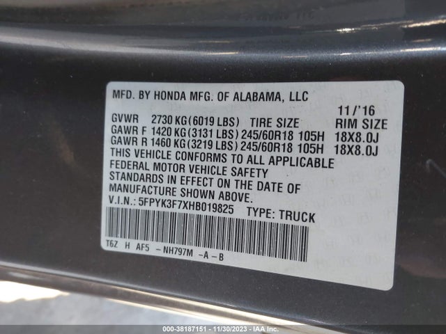 Honda Ridgeline Rtl-e 2017 5FPYK3F7XHB019825 Image 9