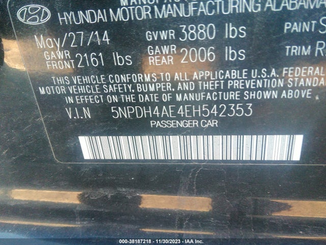 2014 HYUNDAI ELANTRA SE VIN: 5NPDH4AE4EH542353