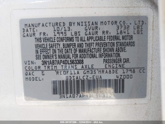 2013 NISSAN SENTRA S VIN: 3N1AB7AP4DL563308