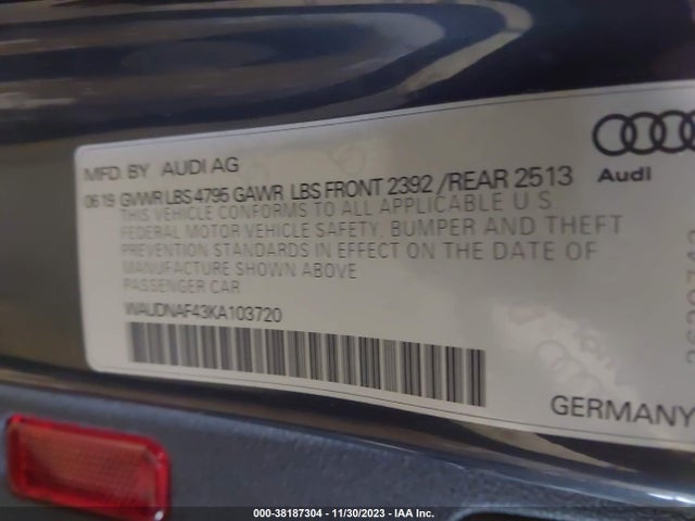 2019 AUDI A4 45 PREMIUM VIN: WAUDNAF43KA103720