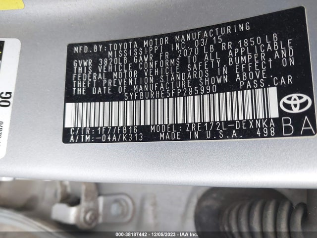 Toyota COROLLA LE 2015 5YFBURHE5FP285990 Image 9