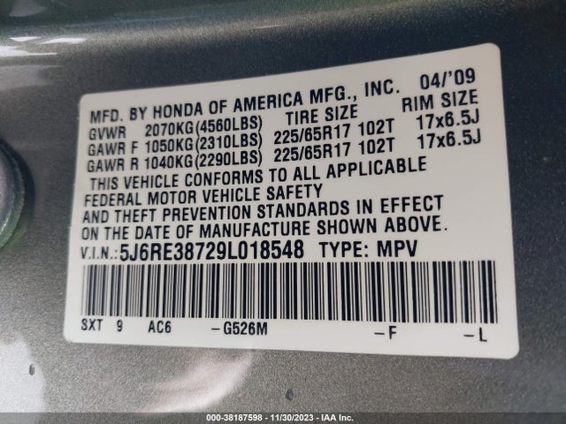 2009 HONDA CR-V EX-L VIN: 5J6RE38729L018548