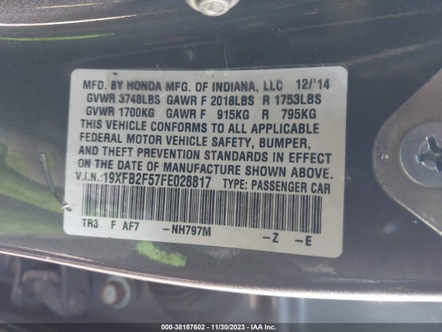 Honda Civic Lx 2015 19XFB2F57FE028817 Image 9