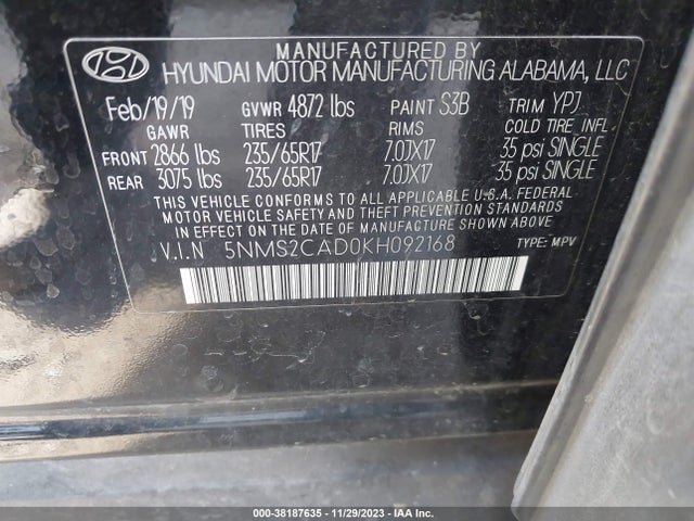 2019 HYUNDAI SANTA FE SE VIN: 5NMS2CAD0KH092168