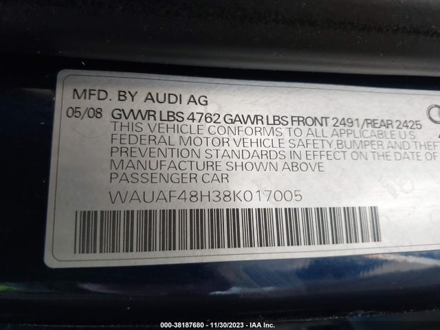 2008 AUDI A4 2.0T VIN: WAUAF48H38K017005