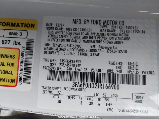 2018 FORD FUSION SE VIN: 3FA6P0HD2JR166900