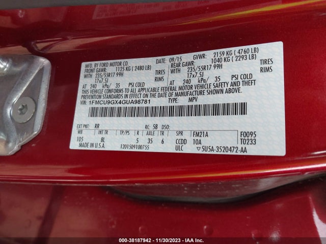 2016 FORD ESCAPE SE VIN: 1FMCU9GX4GUA98781