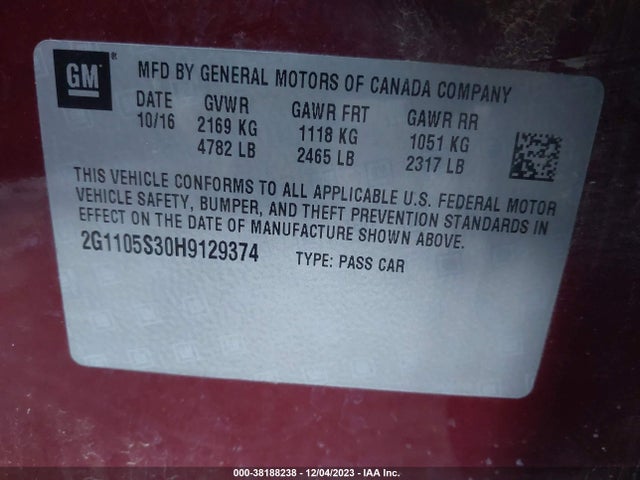 Chevrolet IMPALA 1LT 2017 2G1105S30H9129374 Image 9