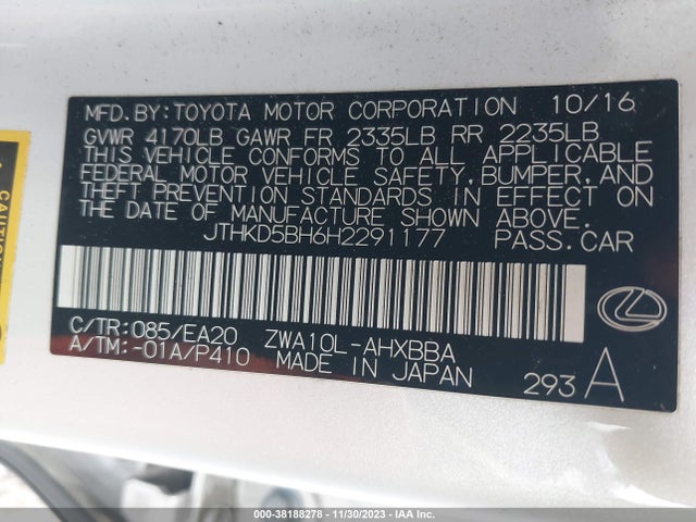 JTHKD5BH6H2291177 Lexus CT 200H
