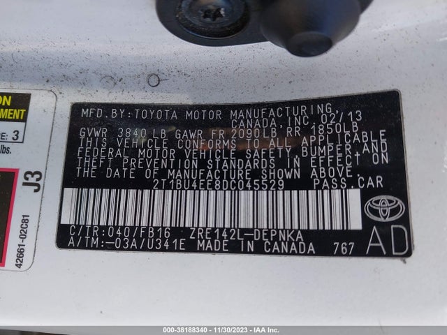 2013 TOYOTA COROLLA LE VIN: 2T1BU4EE8DC045529