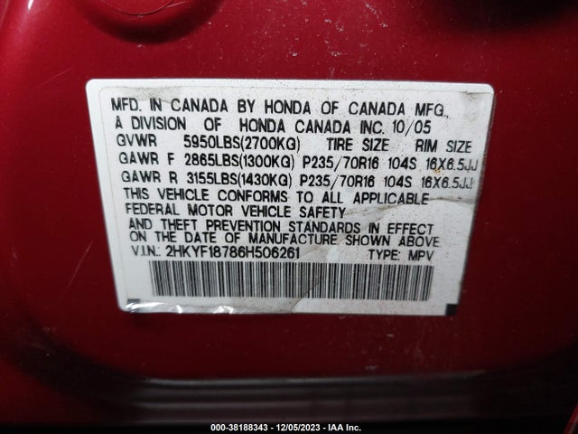 2006 HONDA PILOT EX-L VIN: 2HKYF18786H506261