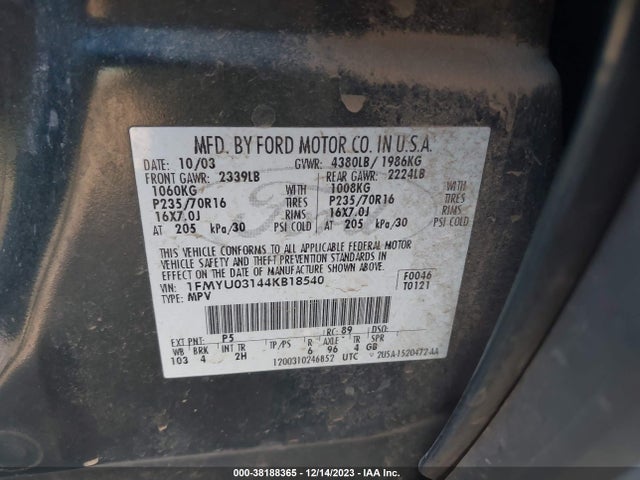 2004 FORD ESCAPE XLT VIN: 1FMYU03144KB18540