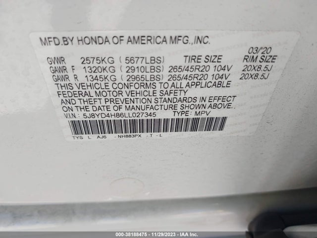 Acura Mdx Advance Package 2020 5J8YD4H86LL027345 Image 9