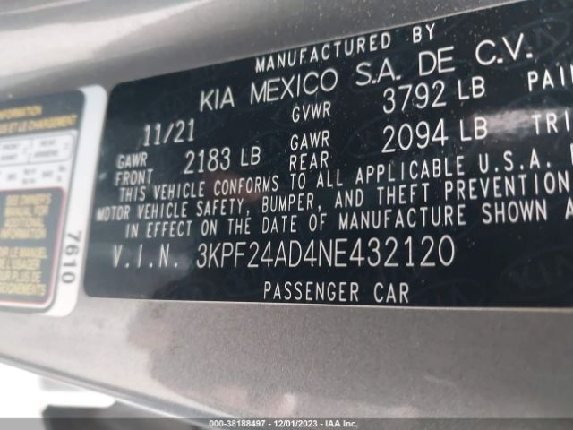 3KPF24AD4NE432120 KIA Forte Lxs
