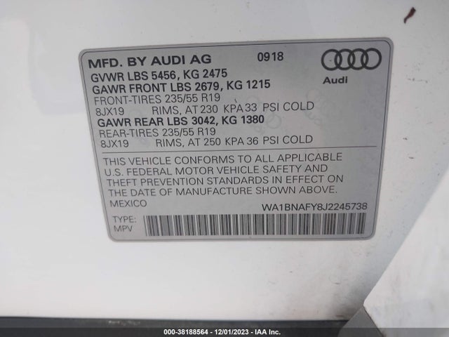 WA1BNAFY8J2245738 Audi Q5 2.0t Tech Premium/2.0t Premium