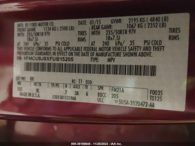 2015 FORD ESCAPE TITANIUM VIN: 1FMCU9J9XFUB15205