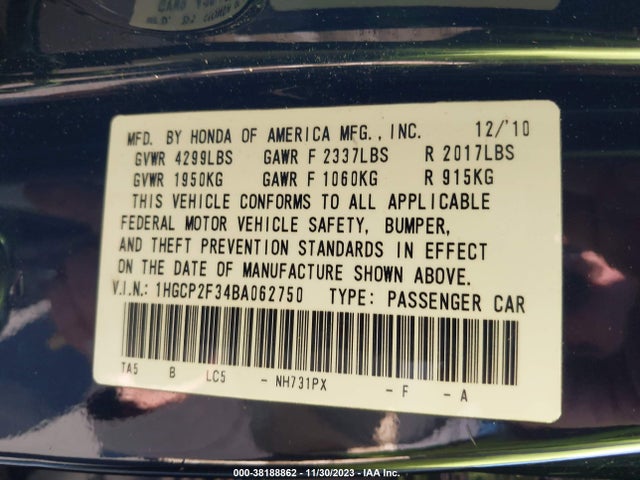 2011 HONDA ACCORD 2.4 LX VIN: 1HGCP2F34BA062750