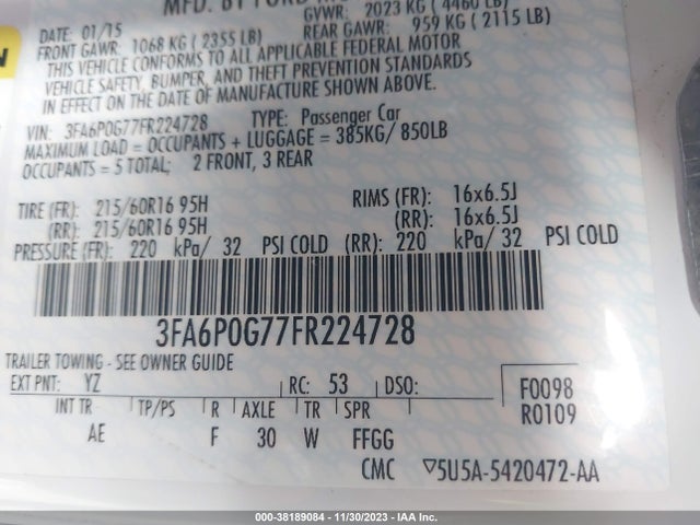 2015 FORD FUSION S VIN: 3FA6P0G77FR224728