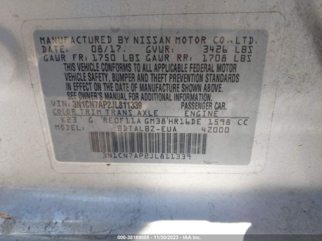 3N1CN7AP2JL811339 Nissan Versa 1.6 Sv