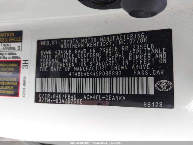 2009 TOYOTA CAMRY VIN: 4T4BE46K49R089993