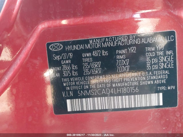2020 HYUNDAI SANTA FE SE VIN: 5NMS2CAD4LH180156