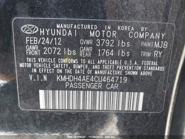 2012 HYUNDAI ELANTRA LIMITED (ULSAN PLANT) VIN: KMHDH4AE4CU464719
