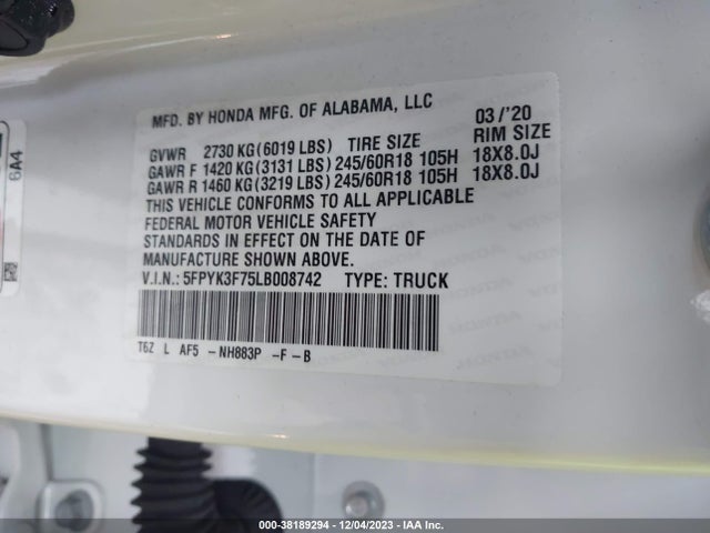 Honda Ridgeline Rtl-e 2020 5FPYK3F75LB008742 Image 9