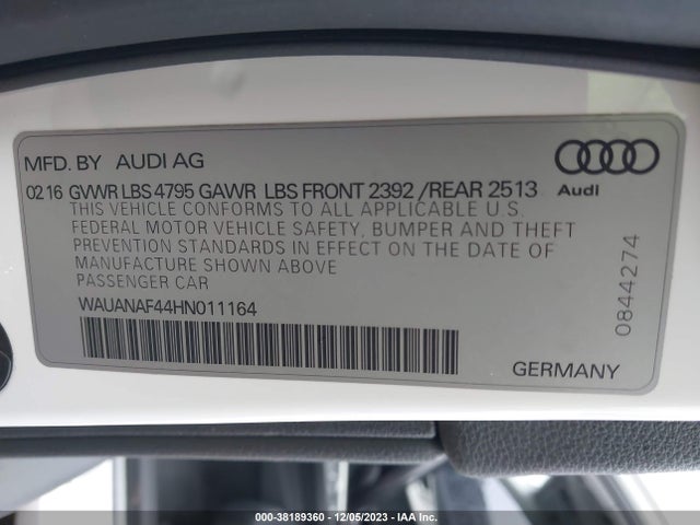 2017 AUDI A4 2.0T PREMIUM VIN: WAUANAF44HN011164
