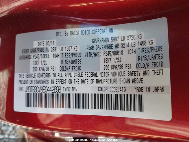 Mazda Cx-9 Touring 2014 JM3TB3CV8E0442698 Image 9