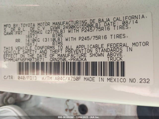 2015 TOYOTA TACOMA BASE V6 VIN: 3TMMU4FN6FM073671