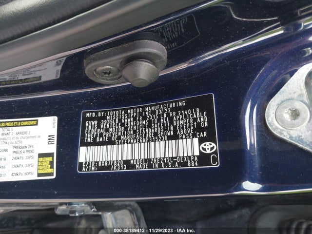 2022 TOYOTA COROLLA LE VIN: 5YFEPMAE6NP315238