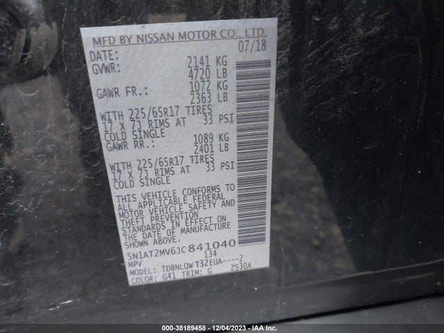 2018 NISSAN ROGUE SV VIN: 5N1AT2MV6JC841040