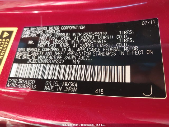 2011 LEXUS RX 450H VIN: JTJBC1BA8B2045249