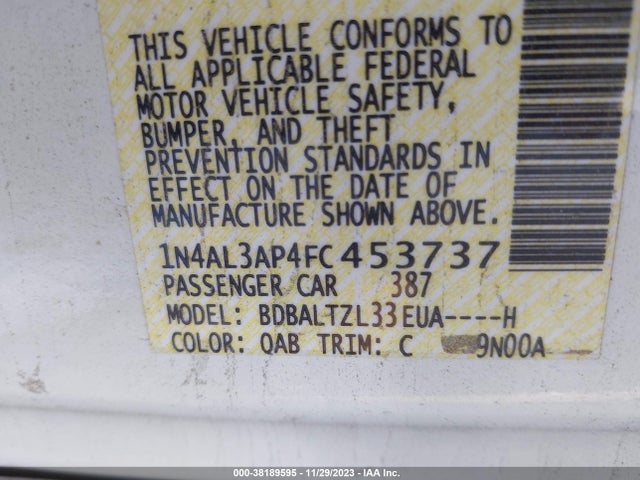 Nissan Altima 2.5 Sl 2015 1N4AL3AP4FC453737 Image 9